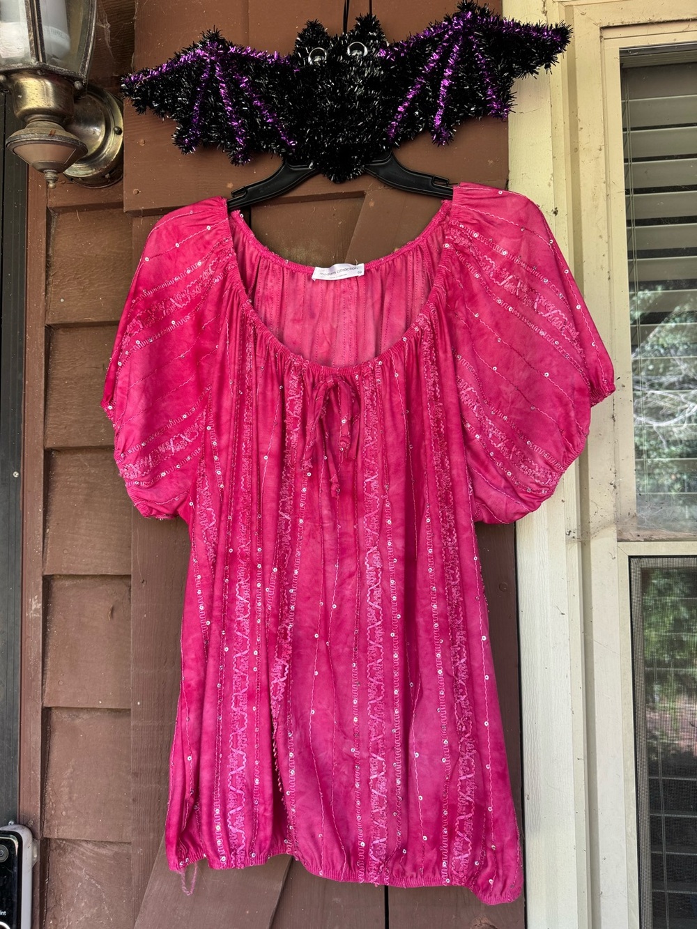 Women's Fuchsia Peasant Top with Sequins by Modern Attraction sz 1X